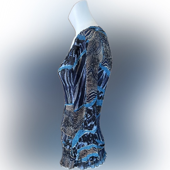 Alberto Makali SZ S Long Sleeve Crepe Semi Sheer Animal Print Blue Blouse Sequin - Picture 2 of 15